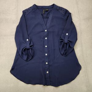 New Directions Button Up Blouse Women's S Navy Blue 3/4 Roll Tab Sleeve V-Neck